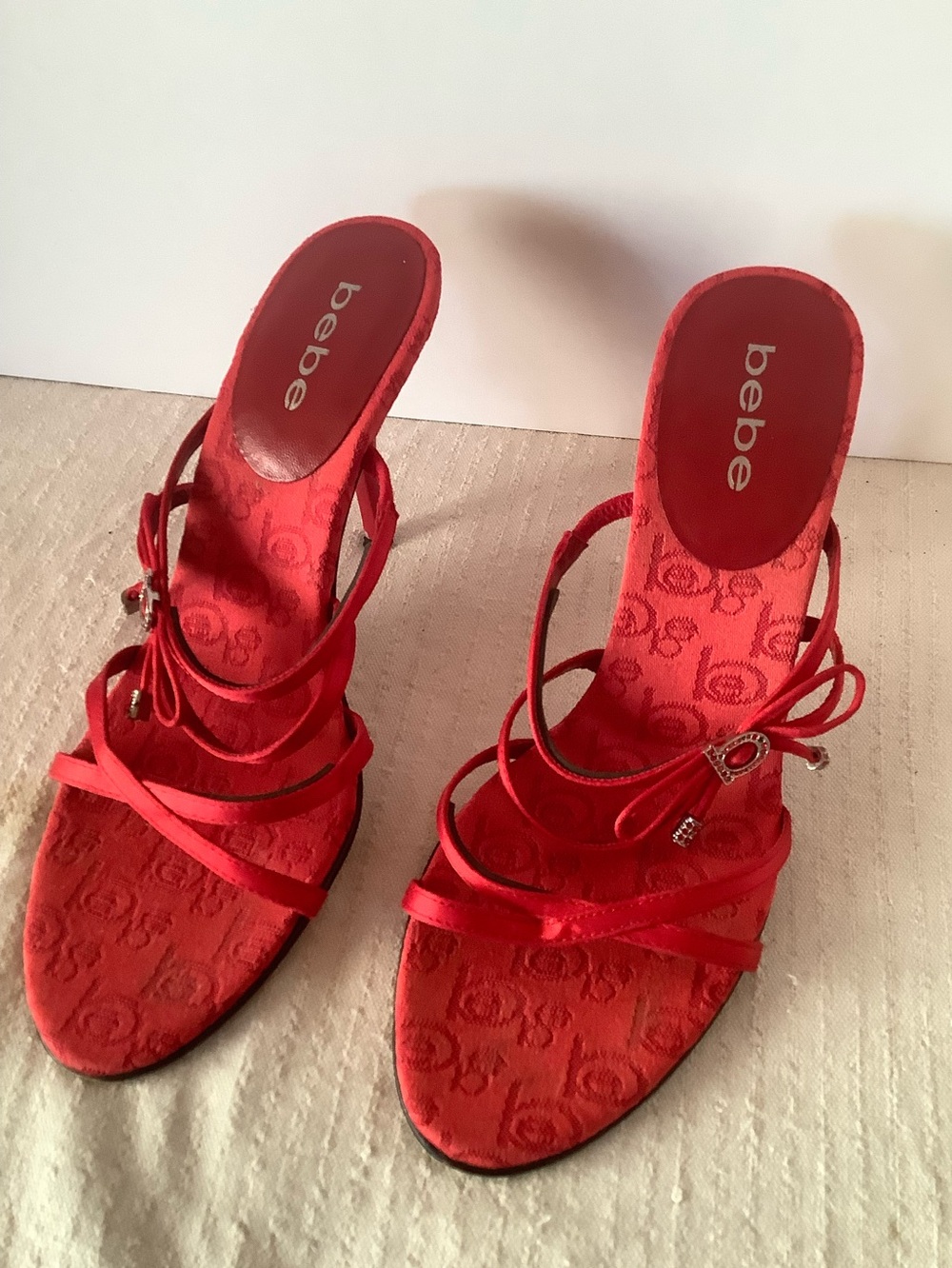 Y2K Bebe 7M Red Strappy Sandals Heels Vintage